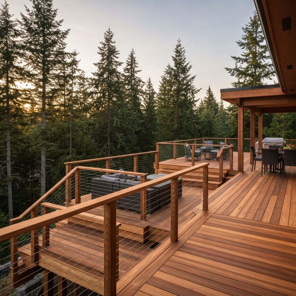 Custom cedar deck with railings and outdoor seating built by Coastline Creative Construction in Bellingham, WA