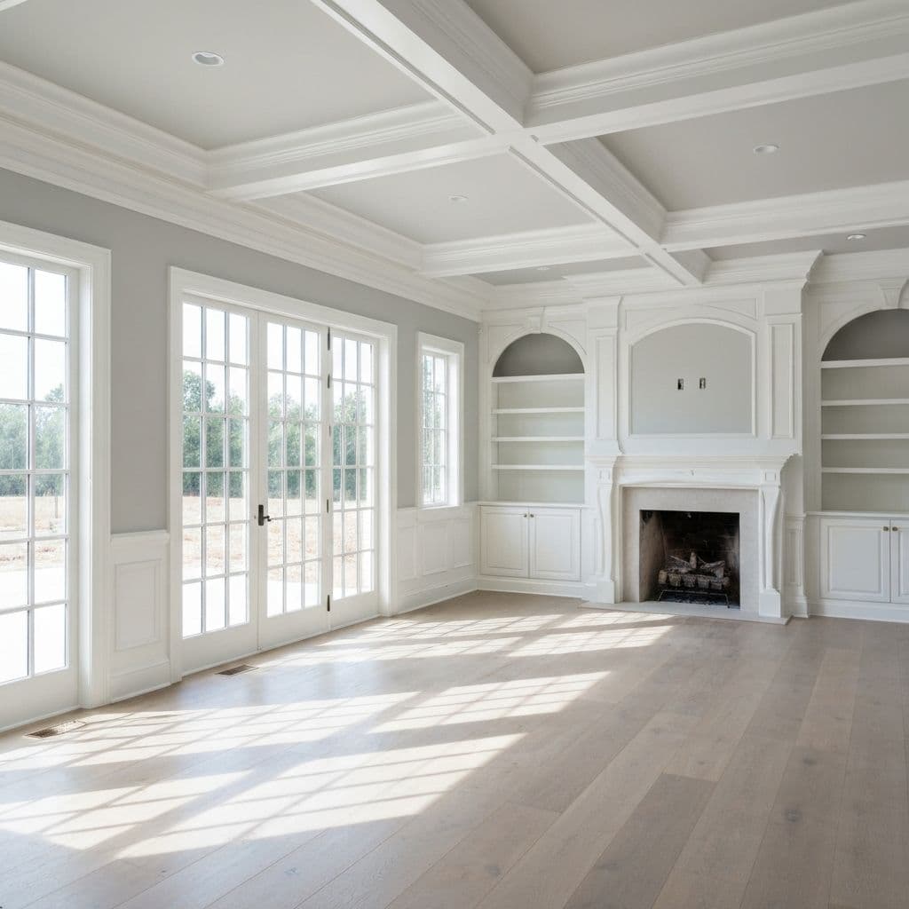 Custom finish carpentry with crown molding and built-in shelving by Coastline Creative Construction, Bellingham WA